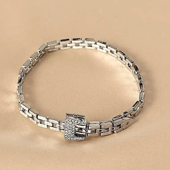 Silver Belt Buckle Bracelet Matching Ring Set, Minimalist, Zircon, Chain Link - Picture 7 of 12